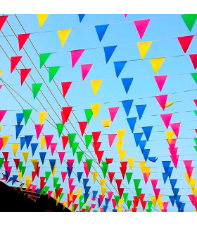 Tradineur - Banderín con triángulos multicolor - Fabricado en Plástico - Ideal para decorar una fiesta de cumpleaños, una boda, un picnic o una reunión familiar - 50 Metros de longitud