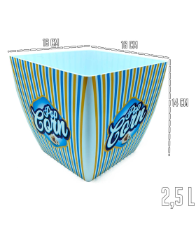 Tradineur - Bol de palomitas cuadrado "Pop Corn" - Fabricado en Plástico - Recipiente reutilizable para cine en casa - Capacidad de 2,5 Litros - Color Amarillo / Azul