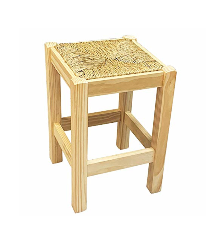 Taburete cuadrado de madera con asiento de rafia, banqueta con reposapiés y asiento de fibra natural para restaurante, cocina, 50 x 33 x 33 cm