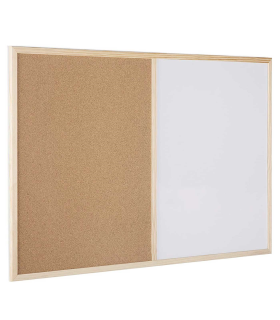 Tradineur - Pizzara combinada doble uso, tablero mixto blanco y corcho, 59 x 39,5 cm, marco de madera, rotulador borrado en seco, chinchetas y argollas para colgar, oficina, cocina, hogar