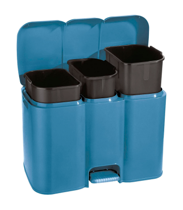 Tradineur - Cubo de basura triple de plástico con tapa, papelera, fácil apertura con pedal, contenedor almacenamiento de residuos, reciclaje, cocina (Azul, 40 litros, 41,5 x 58,5 x 32 cm)