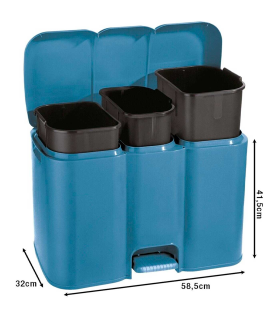 Tradineur - Cubo de basura triple de plástico con tapa, papelera, fácil apertura con pedal, contenedor almacenamiento de residuos, reciclaje, cocina (Azul, 40 litros, 41,5 x 58,5 x 32 cm)