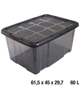 Tradineur - Caja translúcida de almacenaje con tapa, plástico, cajón multiusos, ordenación, almacenamiento de objetos, hogar, fabricada en España, 60 litros, 29,7 x 61,5 x 45 cm, gris