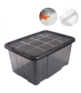 Tradineur - Caja translúcida de almacenaje con tapa, plástico, cajón multiusos, ordenación, almacenamiento de objetos, hogar, fabricada en España, 60 litros, 29,7 x 61,5 x 45 cm, gris