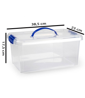 Tradineur - Caja de plástico con tapa y asa Nº24, transparente, cajón de almacenaje multiusos, ordenación, objetos, hogar, 10 litros, 38,5 x 23 x 17,5 cm