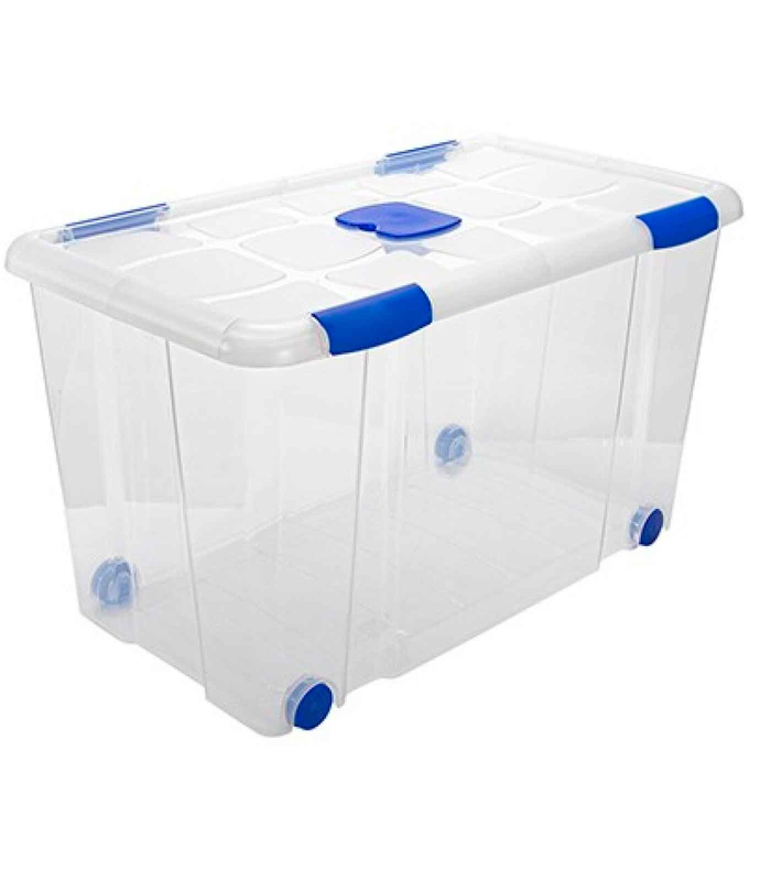 Caja de plástico nº12  transparente con ruedas de 41 x 73,2,x 41 cm,con capacidad para 90 litros. Baúl con tapa para organización del hogar. Arcón de plástico para varios usos en interior o exterior