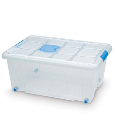 Tradineur - Caja de plástico transparente de 27 x 56,5 x 39,5 cm, con capacidad de 36 litros, Contenedor de plástico para almacenamiento con tapa y ruedas válida para interior e exterior