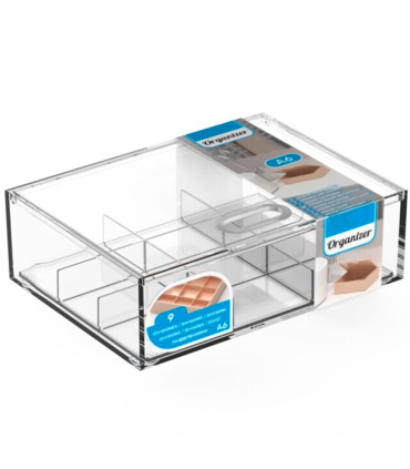 Tradineur - Caja organizadora plástico A6 con bandeja extraíble de 9 compartimentos, almacenaje, cosmética, accesorios costura, tornillos, fabricada en España (Transparente, 17,2 x 12,5 x 5,3 cm)