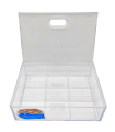 Tradineur - Caja organizadora plástico A6 con bandeja extraíble de 9 compartimentos, almacenaje, cosmética, accesorios costura, tornillos, fabricada en España (Transparente, 17,2 x 12,5 x 5,3 cm)