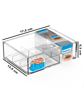 Tradineur - Caja organizadora plástico A6 con bandeja extraíble de 9 compartimentos, almacenaje, cosmética, accesorios costura, tornillos, fabricada en España (Transparente, 17,2 x 12,5 x 5,3 cm)