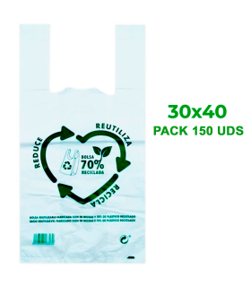 Tradineur - Pack de 150 bolsas de plástico tipo camiseta, reutilizables, gran resistencia, cumplen normativa, aptas para uso alimentario (30 x 40 cm)