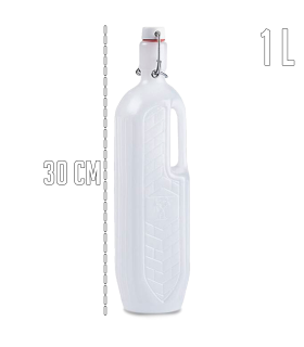 Tradineur - Botella de plástico con asa - Disponible tapón a presión y asa - Fabricado en plástico (PP) - Capacidad de 1 Litro - 30 x 6,5 x 7,5 cm 