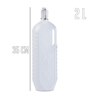 Tradineur - Botella de plástico con asa - Disponible tapón a presión y asa - Fabricado en plástico (PP) - Capacidad de 2 Litros - 35 x 8,5 x 11 cm 