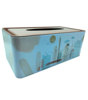 Tradineur - Caja de pañuelo de metal - Diseño Ciudad - Ideal para su uso en el baño, el dormitorio, la sala de estar, la oficina - 24 x 13 x 9 cm