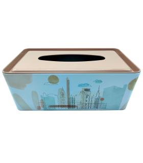 Tradineur - Caja de pañuelo de metal - Diseño Ciudad - Ideal para su uso en el baño, el dormitorio, la sala de estar, la oficina - 24 x 13 x 9 cm