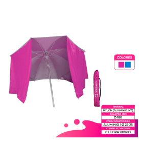 Sombrilla de nylon con paraviento 180 cm, parasol aluminio playa con bolsa, mástil diámetro 22-25 mm, varillas fibra de vidrio, color aleatorio