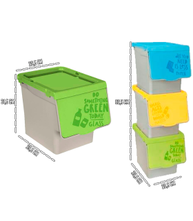 Tradineur - Pack de 3 contenedores apilables, polipropileno, cubos de basura, almacenamiento de residuos, fácil apertura, reciclaje (Papel, plástico y vidrio, 27 litros, 31,5 x 29,5 cm x 39,5 cm)