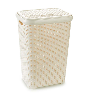 Tradineur - Cesto para ropa sucia con asas y tapa, pongotodo rattan de plástico, cubo para colada, imitación mimbre, hogar (Beige, 60 litros, 61,5 x 42,5 x 34 cm)