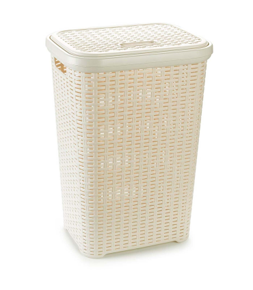 Tradineur - Cesto para ropa sucia con asas y tapa, pongotodo rattan de plástico, cubo para colada, imitación mimbre, hogar (Beige, 60 litros, 61,5 x 42,5 x 34 cm)