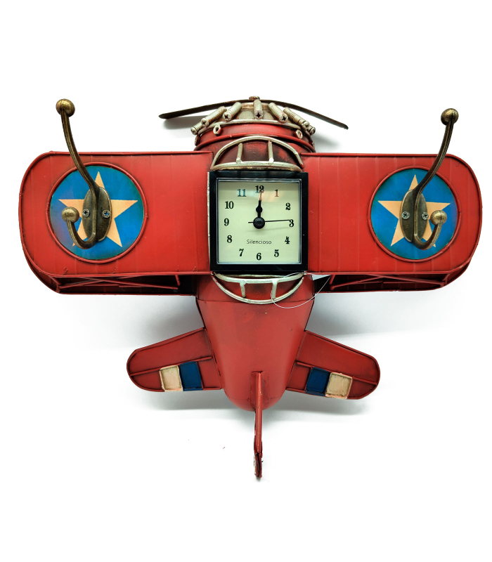 Tradineur - Reloj analógico decorativo para colgar - Diseño Avión Rojo - 2 Gachos para colgar objetos - 30 x 38,5 x 9,5 cm