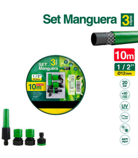 Tradineur - Manguera de riego flexible con accesorios, 3 capas, regar jardín, huerto, coche, labores agrícolas, 20 bar, Ø12 mm, 10 m