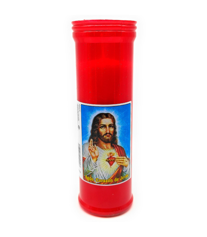 Tradineur - Velón litúrgico con imagen de Jesús, vela de santo de parafina y cera vegetal, decoración de iglesias, cementerios, tumbas (Rojo, 18,5 cm)