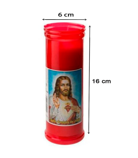 Tradineur - Velón litúrgico con imagen de Jesús, vela santa de parafina y cera vegetal, decoración de iglesias, cementerios, tumbas (Rojo - 16 cm)