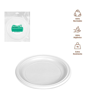 Tradineur - Pack de 12 platos llanos redondos reutilizables de plástico, 100% reciclables, extra resistentes, higiénicos, apilables, aptos para lavavajillas (Blanco, Ø 28 cm)