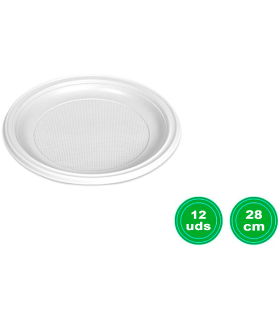 Tradineur - Pack de 12 platos llanos redondos reutilizables de plástico, 100% reciclables, extra resistentes, higiénicos, apilables, aptos para lavavajillas (Blanco, Ø 28 cm)