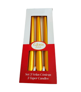 Tradineur - Set de 3 velas cónicas, cirios de mesa alargados, parafina y mecha de algodón, rituales y ceremonias, decoración (Dorado, 25 cm)