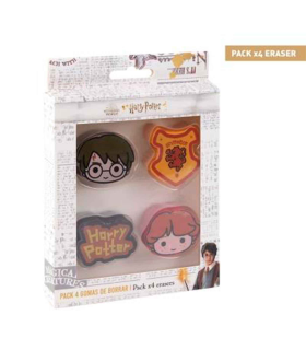 Tradineur - Pack de 4 gomas de Harry Potter, con distintos diseños, ideal para la vuelta al cole, adaptable a lápices. Medidas caja 10 x 10 x 2 cm. Licencia oficial Warner Bros