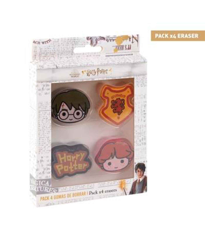 Tradineur - Pack de 4 gomas de Harry Potter, con distintos diseños, ideal para la vuelta al cole, adaptable a lápices. Medidas caja 10 x 10 x 2 cm. Licencia oficial Warner Bros