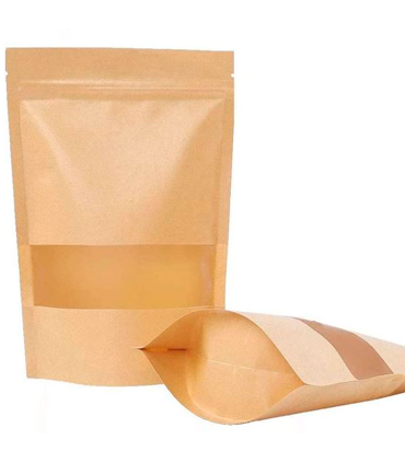 Tradineur - Pack de 8 bolsas de papel kraft para conservar alimentos, reutilizables, cierre hermético y ventana, aptas para uso alimentario, 23 x 33 x 5 cm