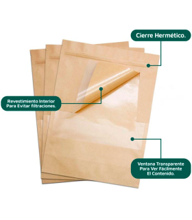 Tradineur - Pack de 8 bolsas de papel kraft para conservar alimentos, reutilizables, cierre hermético y ventana, aptas para uso alimentario, 23 x 33 x 5 cm