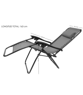 Tradineur - Tumbona plegable con cojín reposacabezas y reposabrazos, silla con respaldo regulable, multiposición, metal y tela, cómoda y resistente, máx. 110 kg, camping (Gris, 163 x 65 x 51,5 cm)