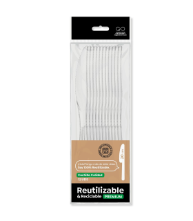 Tradineur - Pack de 12 cuchillos reutilizables de plástico, 100% reciclables, extra resistentes, higiénicos, aptos para lavavajillas (Transparentes - 20 cm)