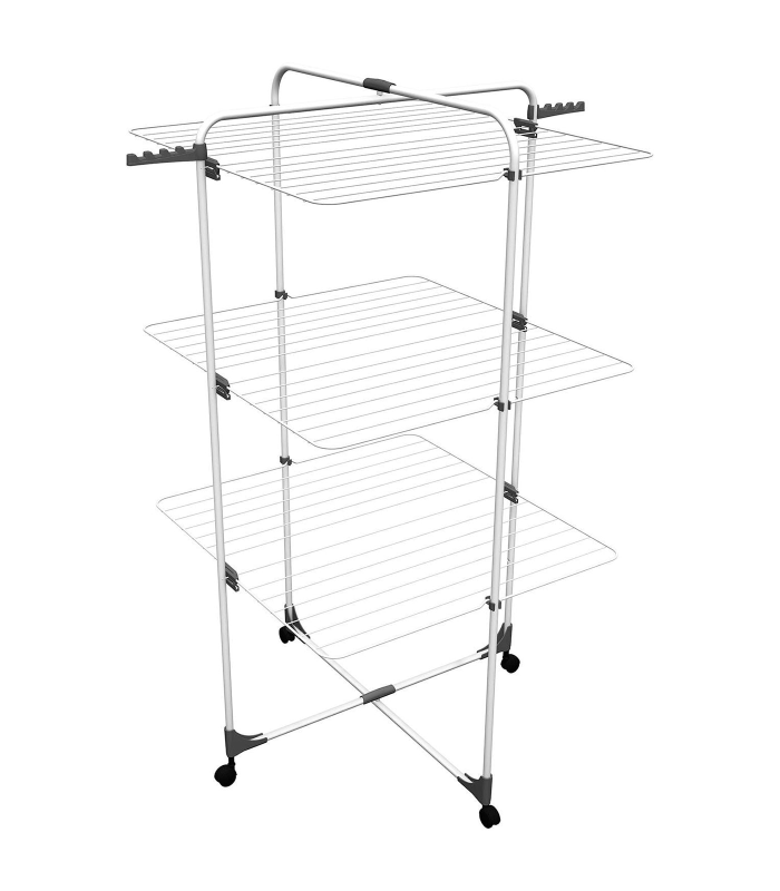 Tradineur - Tendedero vertical de acero con ruedas, 3 niveles, 6 rejillas y 33 metros de tendido, soporte plegable para tender ropa (Blanco, 130 x 69 x 74 cm)