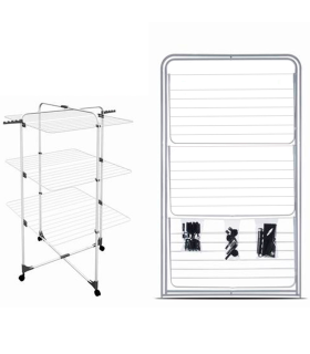 Tradineur - Tendedero vertical de acero con ruedas, 3 niveles, 6 rejillas y 33 metros de tendido, soporte plegable para tender ropa (Blanco, 130 x 69 x 74 cm)