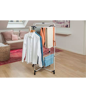 Tradineur - Tendedero vertical de acero con ruedas, 3 niveles, 6 rejillas y 33 metros de tendido, soporte plegable para tender ropa (Blanco, 130 x 69 x 74 cm)