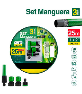 Tradineur - Manguera de riego flexible 3 capas con accesorios, regar jardín, huerto, coche, labores agrícolas, 20 bar, 1/2'', Ø12 mm, 25 m