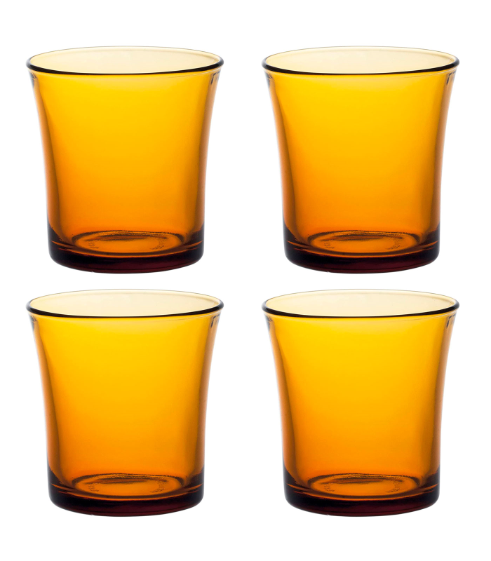 Tradineur - Set de 4 vasos de cristal templado, modelo Lys, resistentes a los golpes y choques térmicos, aptos para lavavajillas (Ámbar, 16 cl - 7,5 x 7 cm)