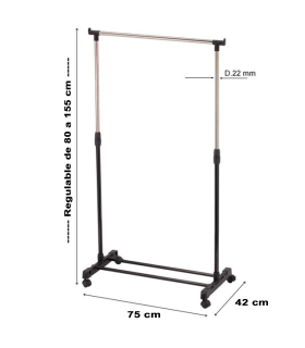 Tradineur - Perchero extensible con ruedas, acero inoxidable, plástico, incluye barra Ø 22 cm y estante para calzado, altura regulable, fácil montaje, 75 x 42 x 80-155 cm