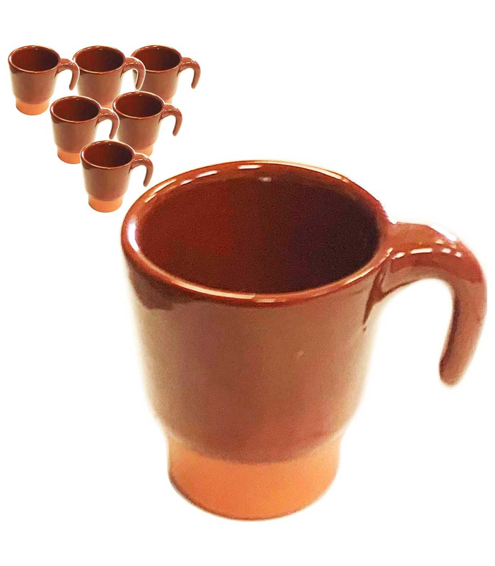 Tradineur - Pack de 6 pocillos de barro para queimda, tazas para vino, licores, diseño tradicional, artesanal (Marrón - 100 ml - 6 x 6,3 x 8,5 cm)